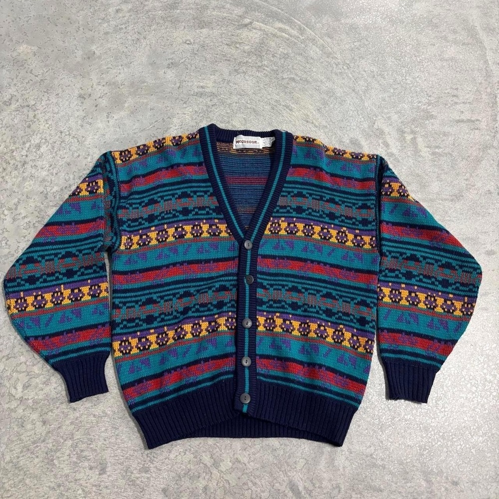 Vintage 90s McGregor Aztec Multicolor Acrylic Knit Cardigan Sweater Large